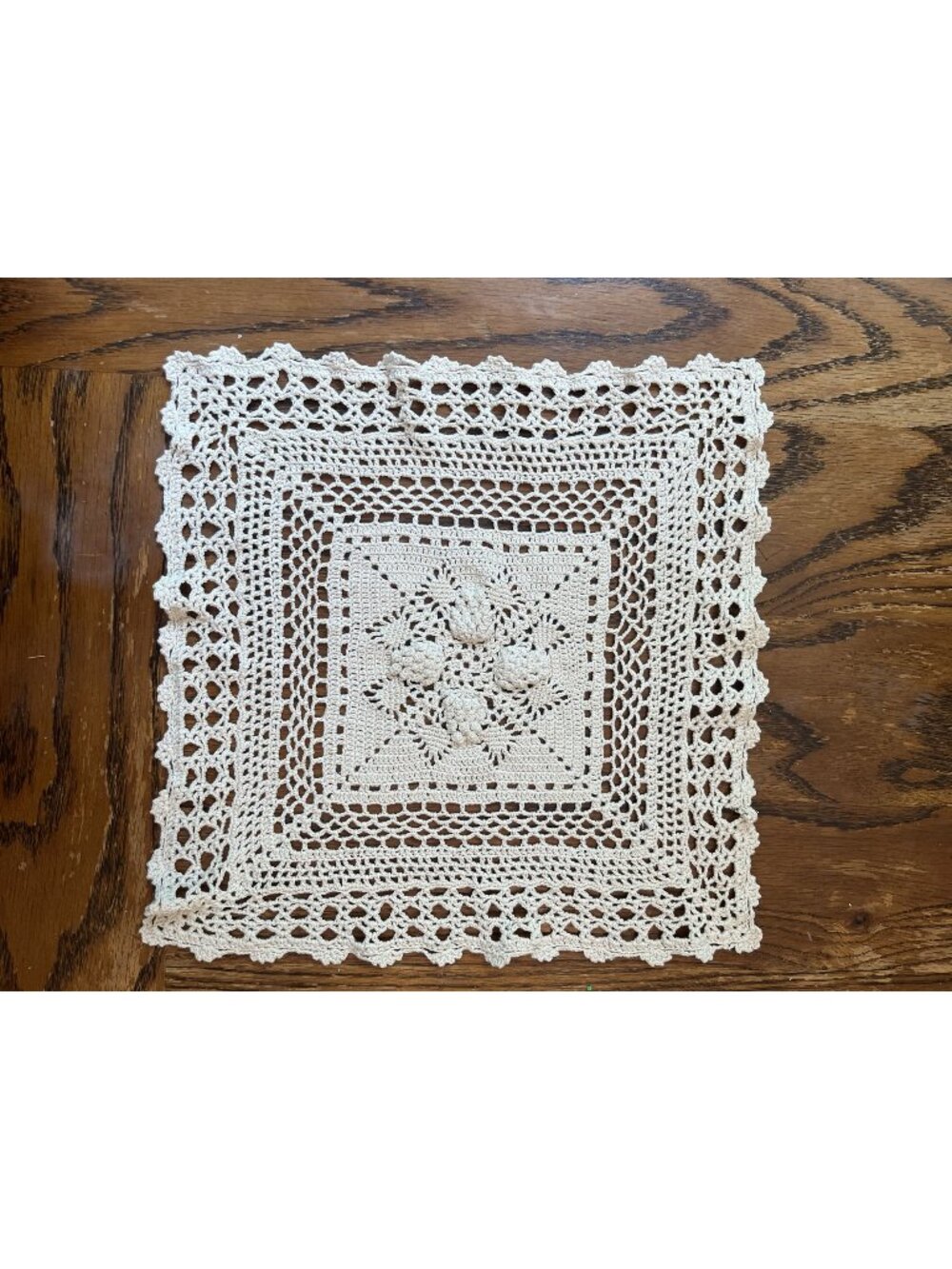 Handmade Vintage Crocheted Square Lace Doily 14” Ivory Floral Pattern